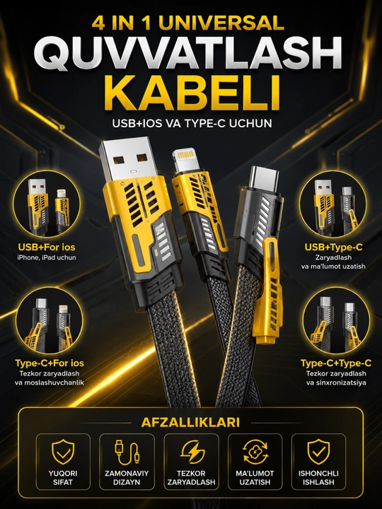 4-in-1Universal ZaryadlashKabeli|USB,USB-CvaLightning|TezkorQuvvatlash va Ma'lumot Uzatish - 