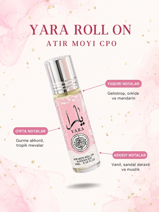 Yara, ayollar uchun shirin gulli va vanil hidli moyli atir (Maslyanye duhi, feromon), 10 ml