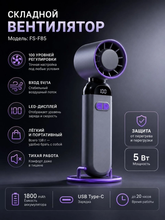 Mini ventilyator portativ qo'l va stol usti, akkumulyatorli muzli sovitish displayli - 