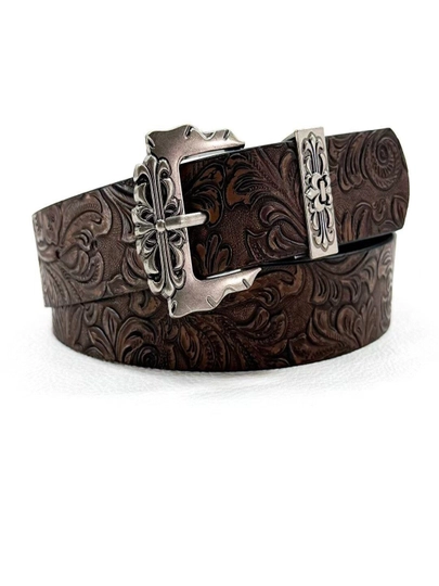 Chrome Hearts Y2K uslubidagi naqshli kamar, o'yma metall to'qa bilan (qora, jigarrang)