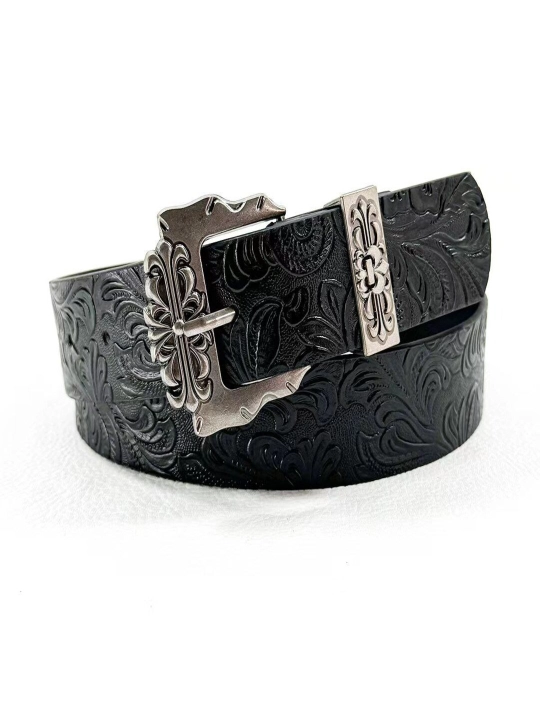 Chrome Hearts Y2K uslubidagi naqshli kamar, o'yma metall to'qa bilan (qora, jigarrang)