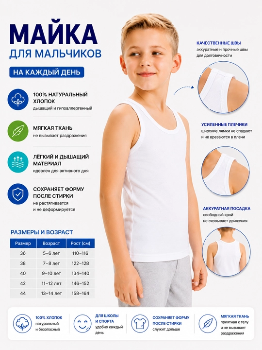 Белая майка для мальчиков, хлопковая, без рукавов, для школы и повседневной носки