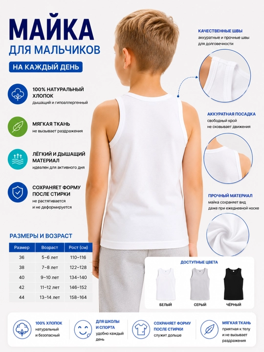 Белая майка для мальчиков, хлопковая, без рукавов, для школы и повседневной носки