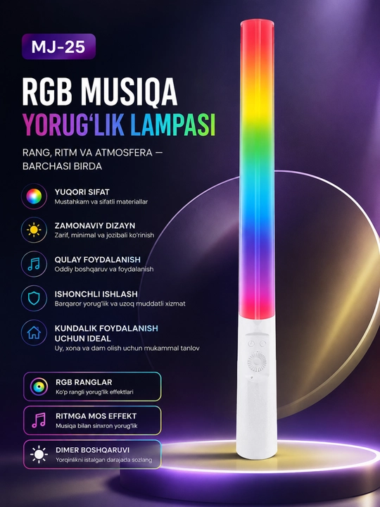 MJ-25 RGB Light Stick – Musiqaga hamohang LED yorug‘lik tayoqchasi, USB zaryadlanadi - 