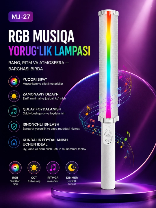 MJ-27 RGB Light Stick - Rangli LED chiroq, yorqinlikni sozlash imkoniyati, USB orqali quvvatlash imkoniyati - 