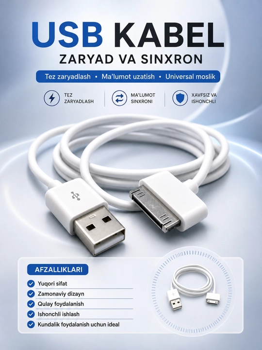 IPhone 4 uchun zaryadlash kabeli USB tez zaryad va ma’lumot uzatish - 