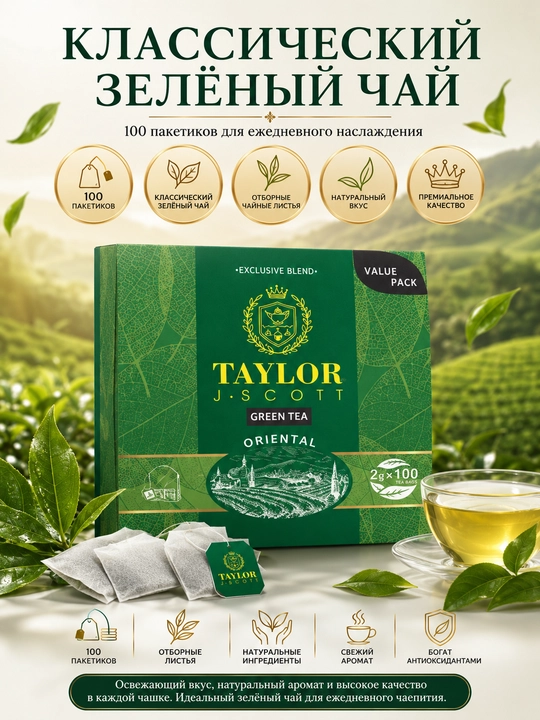Taylor J-Scott Oriental, зелёный чай, 100 пакетиков - 