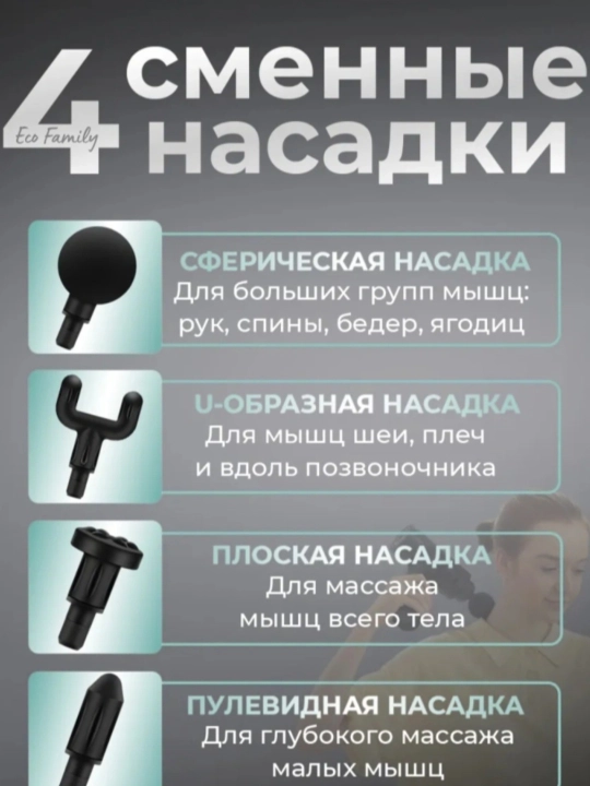 Fascial Massage Gun massaj apparati, tana uchun zarbali massaj moslamasi, 4 ta uchlik
