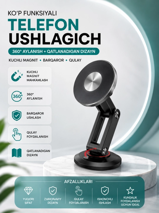 Magnitli Telefon Ushlagich | 360° Aylanuvchi | Katlanadigan Stol Stendi | MagSafe Mos - 