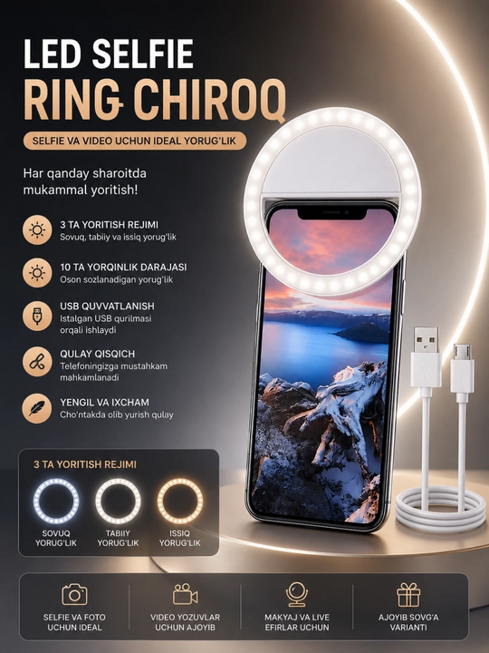 Telefon uchun qisqichli, aylana, yurak va boshqa shakldagi mini selfi chirog‘i - 