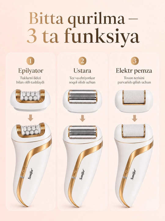 Ayollar uchun 3 ta 1 da simsiz epilyator