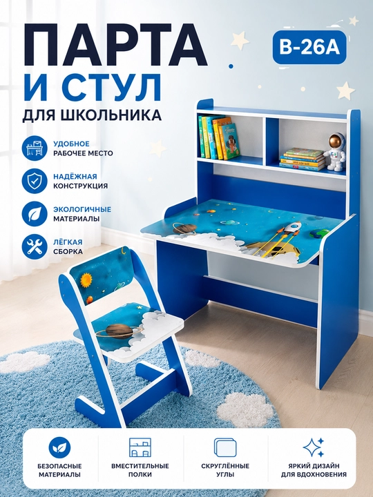 Детская парта и стул ,комплект мебели для школьника с полками - 