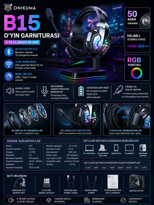 ONIKUMA B15 o‘yin garniturasi uch karra RGB yorug‘lik rejimi va hajmli ovoz bilan