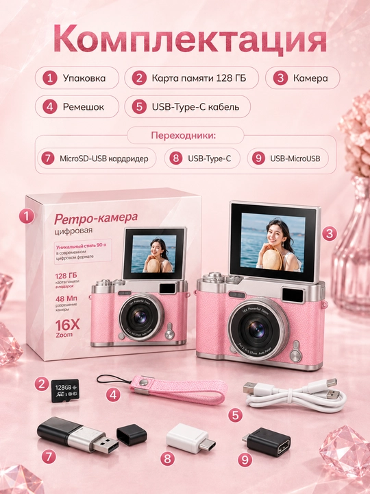 Ретро фотоаппарат HD 1080P, поворотный экран, 16X зум, автофокус AF, карта 128 ГБ