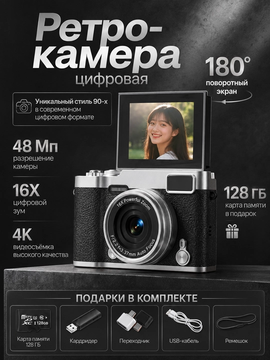 Retro fotoapparat HD 1080P, aylanuvchi ekran, 16X zoom, AF avtofokus, 128 GB karta - 