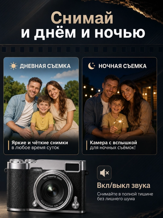 Ретро фотоаппарат HD 1080P, поворотный экран, 16X зум, автофокус AF, карта 128 ГБ