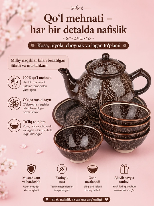 Rishton milliy kosa piyola choynak va lagan sopol buyumlari
