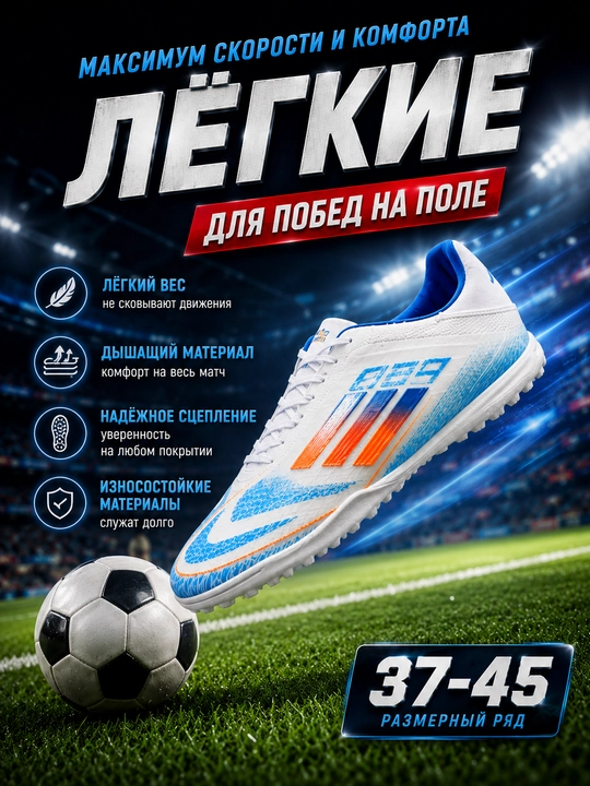 Butsalar F50 futbol: sorokonojka va shipli tag, yengil, zal va maydon uchun, 35–45, ipsiz