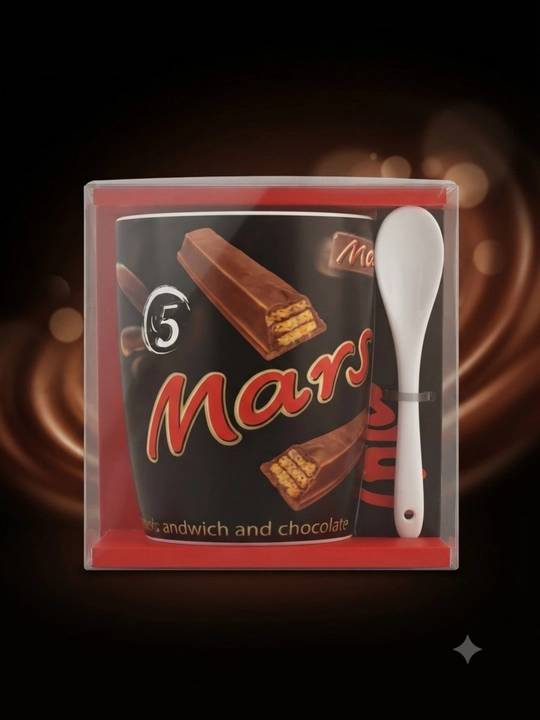 Krujka to‘q jigarrang va qora tusda bo‘lib, unda mashhur "Mars" shokolad barlari
