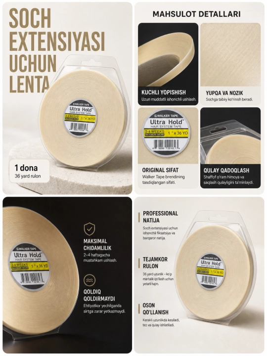 ​Soch tizimi va pariklar uchun ikki tomonlama skotch Walker Tape Ultra Hold, 1" x 36 YD - 