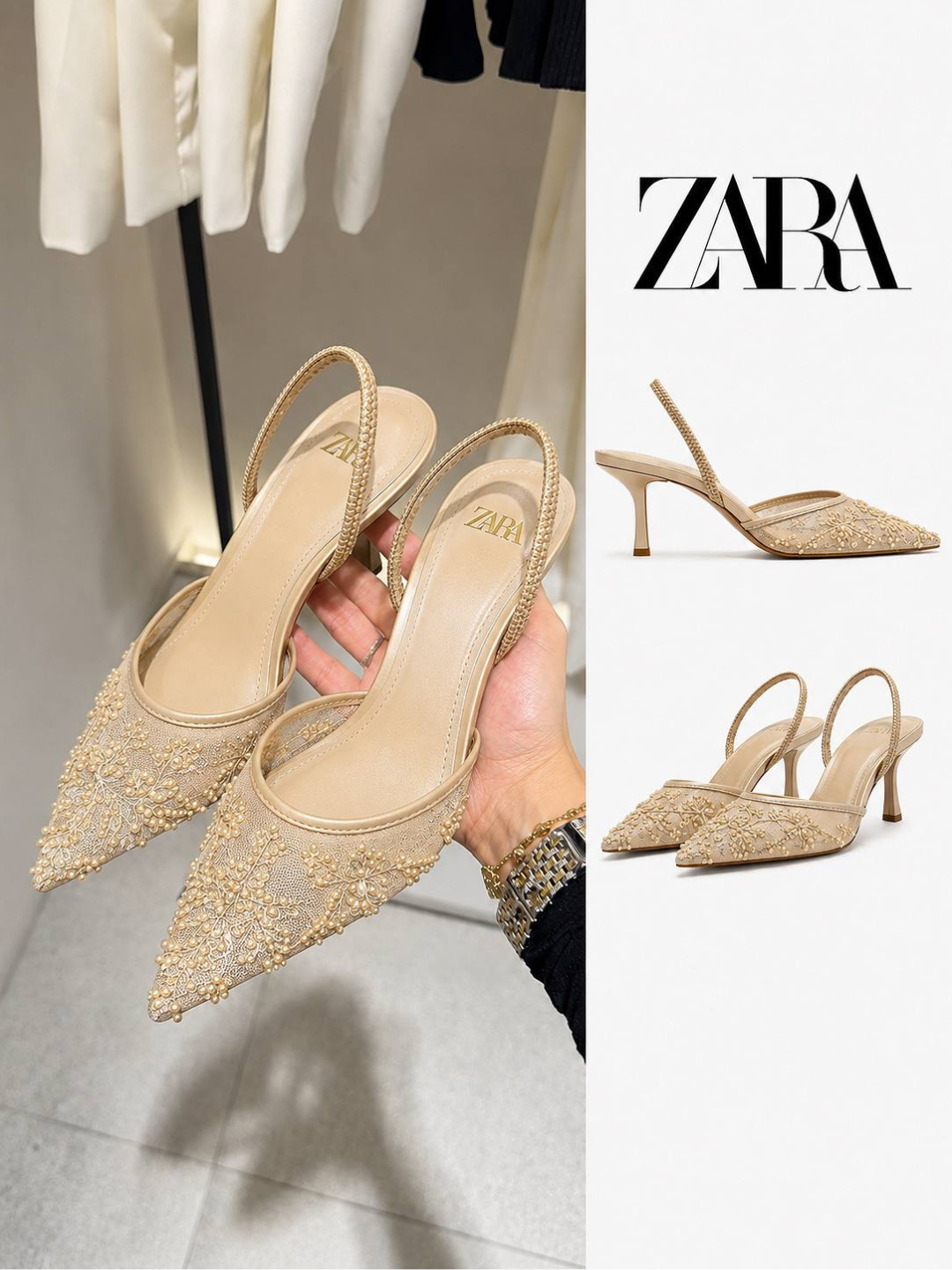 Элегантные женские туфли ZARA на каблуке 6 см с бусинами, Турция, размер в размер - 