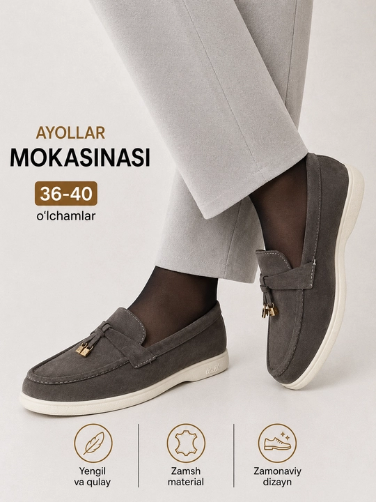 Ayollar uchun zamsh mokasina tufli, qulay klassik poyabzal, 36-41