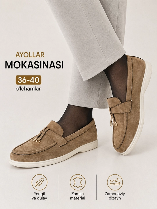 Ayollar uchun zamsh mokasina tufli, qulay klassik poyabzal, 36-41