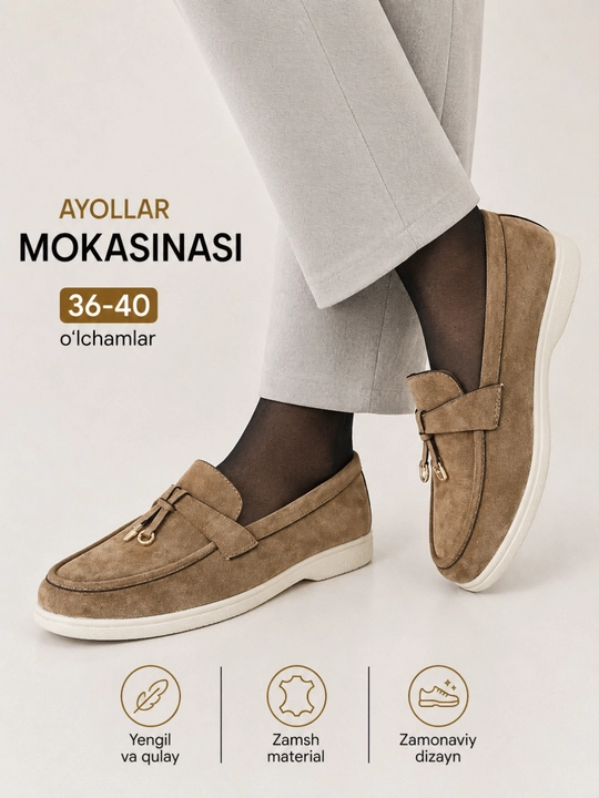 Ayollar uchun zamsh mokasina tufli, qulay klassik poyabzal, 36-41 - 
