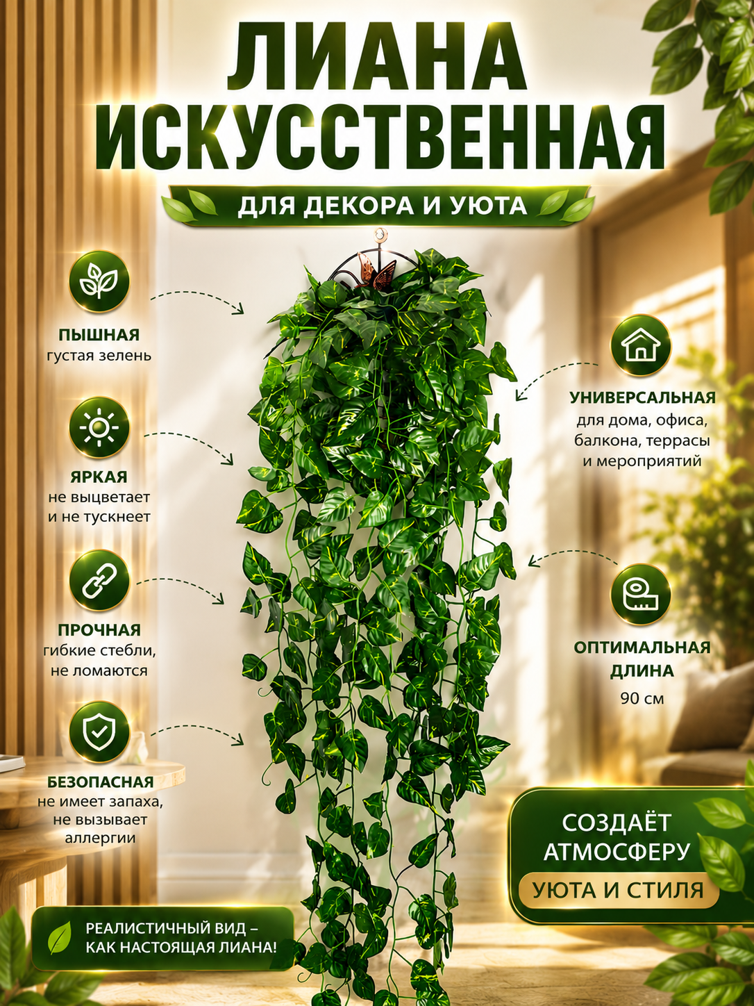 Искусственные листья, цветы лианы с листьями, для декора и интерьера комнат и офисов