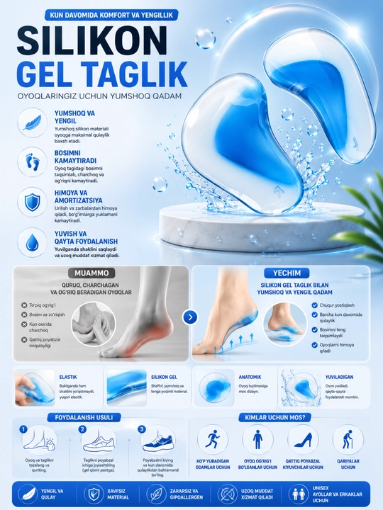 Silikon gel taglik – oyoqlarga kun davomida maksimal qulaylik