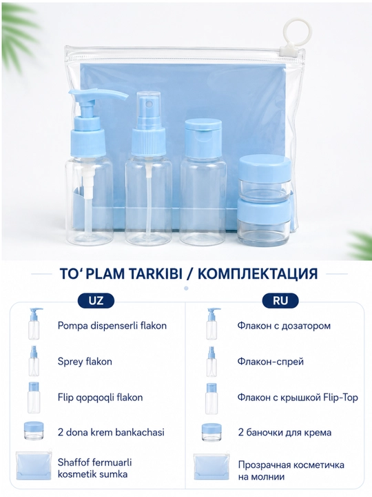 Дорожный набор флаконов для косметики, 5 предметов, с прозрачной косметичкой