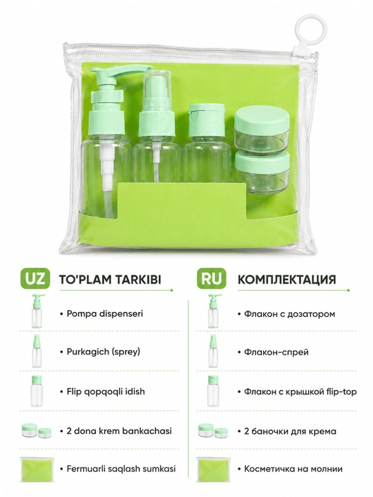 Kosmetik idishlar to‘plami, sayohat uchun 5 qismli, shaffof sumkali