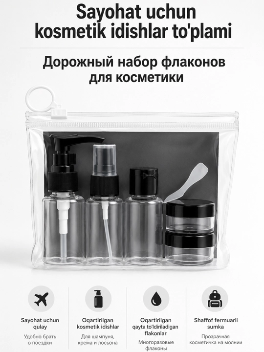 Kosmetik idishlar to‘plami, sayohat uchun 5 qismli, shaffof sumkali - 