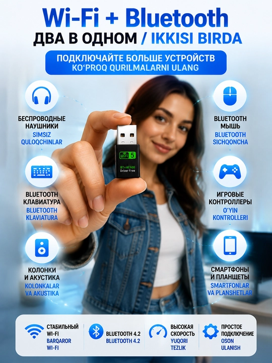 Universal USB-adapter AC600 WiFi 5  va Bluetooth qoʻllab-quvvatlaydi - 