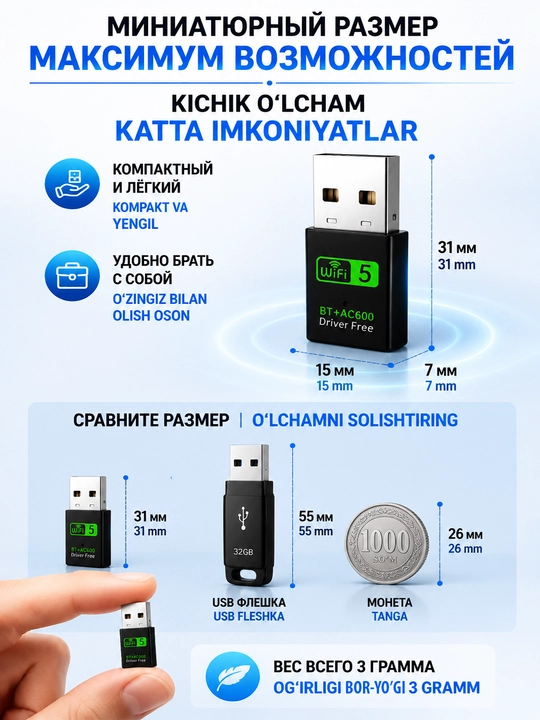 Universal USB-adapter AC600 WiFi 5  va Bluetooth qoʻllab-quvvatlaydi