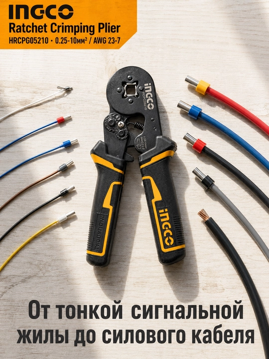 Кримпер INGCO клещи обжимные трещоточные для проводов и наконечников НШВИ 0.25-10мм²