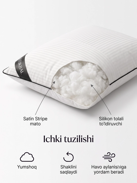 Yostiq, 2 dona 50×70 sm, Satin Stripe, silikon tolali, nafas oluvchi, oq