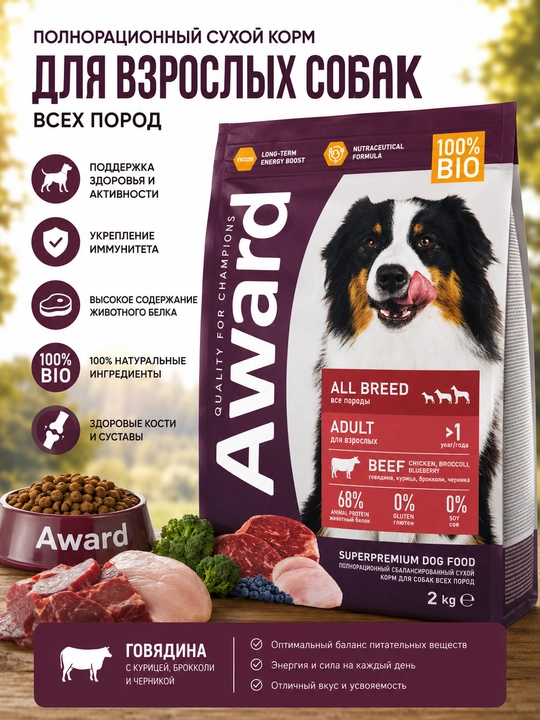 Barcha zotdagi itlar uchun mol go‘shti ta’mli Award quruq yem 2 kg - 