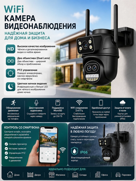 WiFi kuzatuv kamerasi PTZ Dual Lens 8MP — tungi ko'rish, audio, tashqi