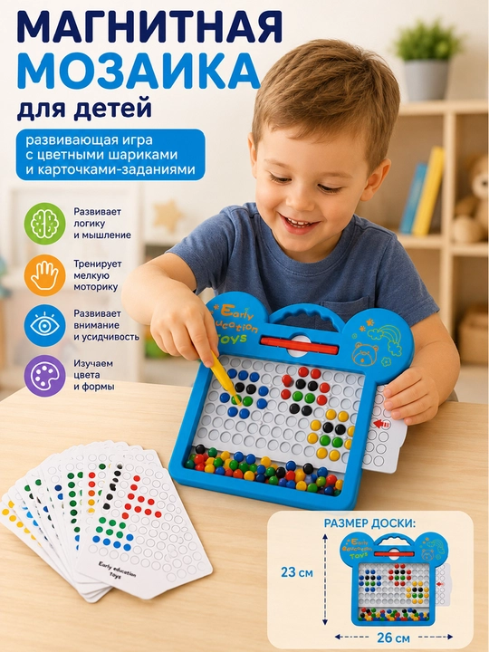 Развивающая магнитная мозаика для детей с цветными карточками-заданиями, логическая игра - 