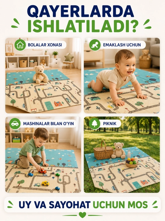 150×180 sm o‘lchamli ikki tomonlama bolalar termokovuri, XPE buklanadigan o‘yin gilami