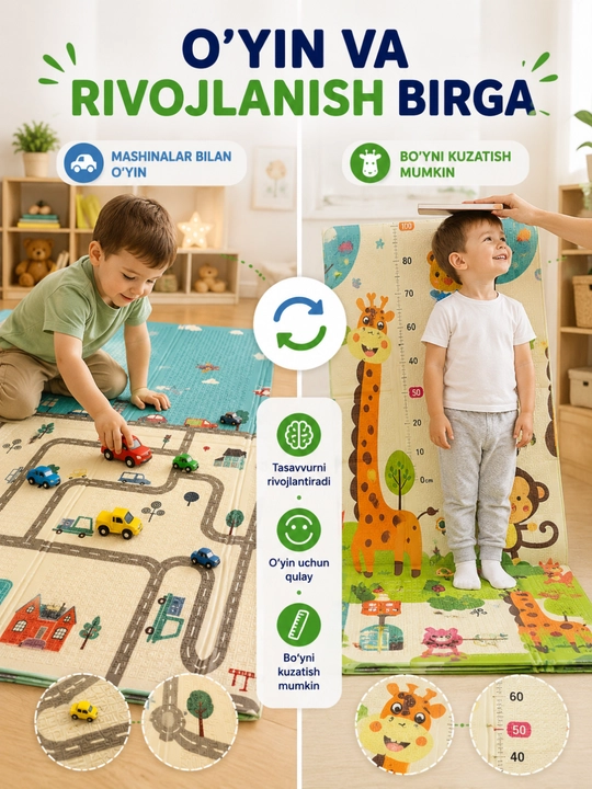 150×180 sm o‘lchamli ikki tomonlama bolalar termokovuri, XPE buklanadigan o‘yin gilami