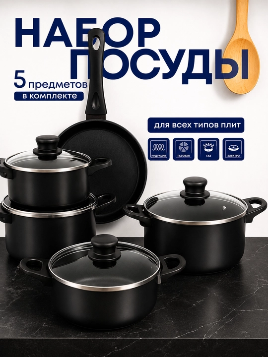 Набор посуды из 5 предметов, кастрюли и сковорода, для всех типов плит - 