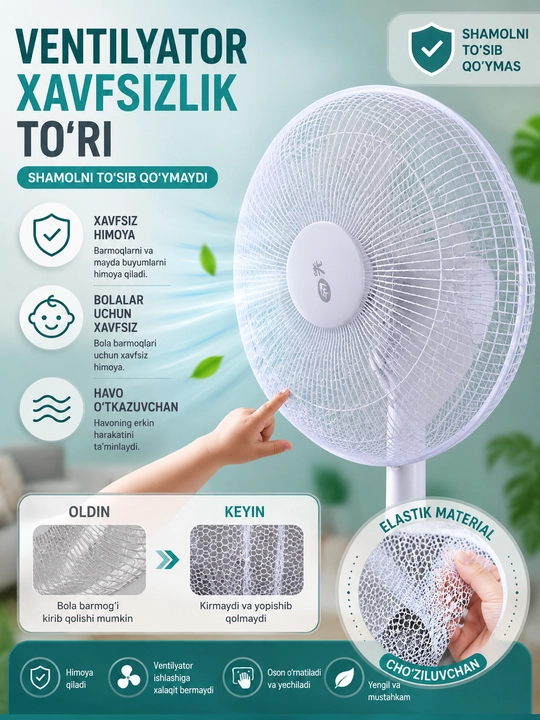 Ventilyator uchun g‘ilof-to‘r, parraklarni himoya qiluvchi, bolalar uchun xavfsiz to‘r