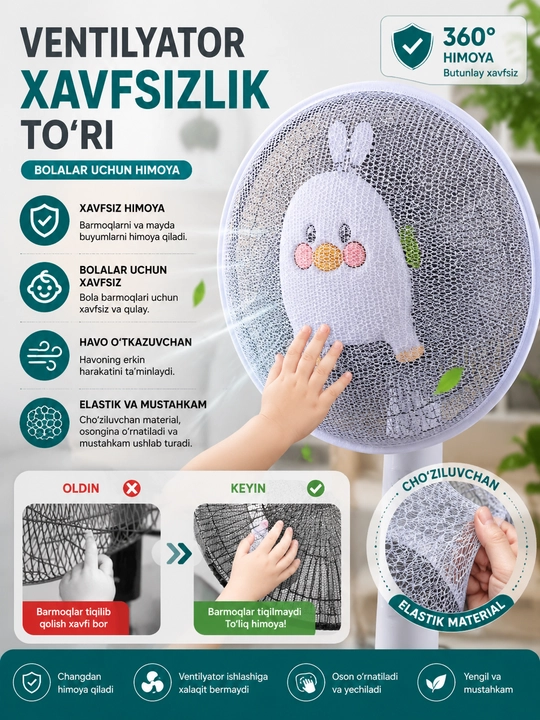 Ventilyator uchun g‘ilof-to‘r, parraklarni himoya qiluvchi, bolalar uchun xavfsiz to‘r