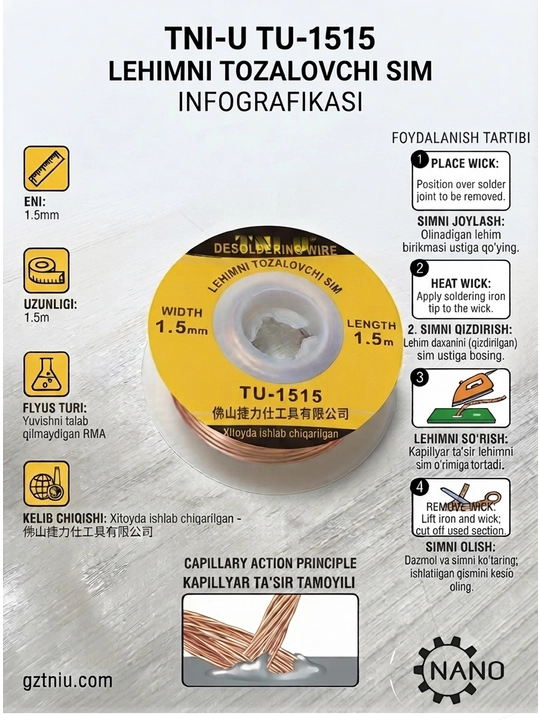 TNI-U TU-1515 lehimni tozalovchi sim (Desoldering Wick) 1.5 mm × 1.5 m - 