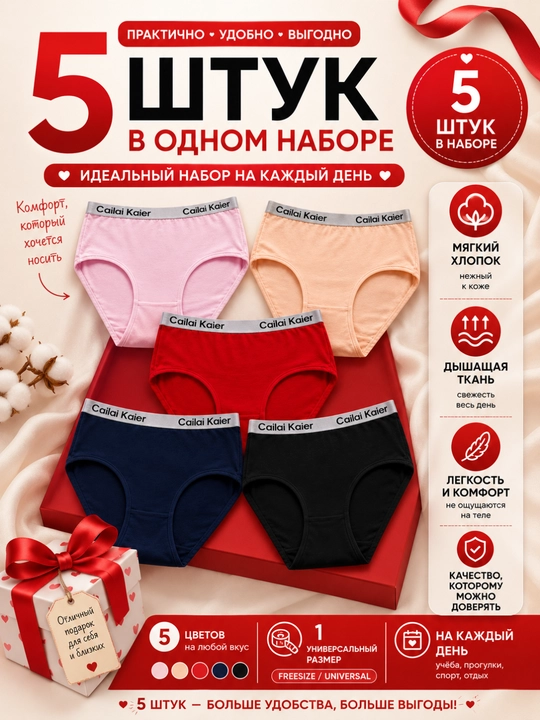 Подростковые трусики Cailai Kaier, набор 5 шт, хлопок 95%, удобные трусы для девочек