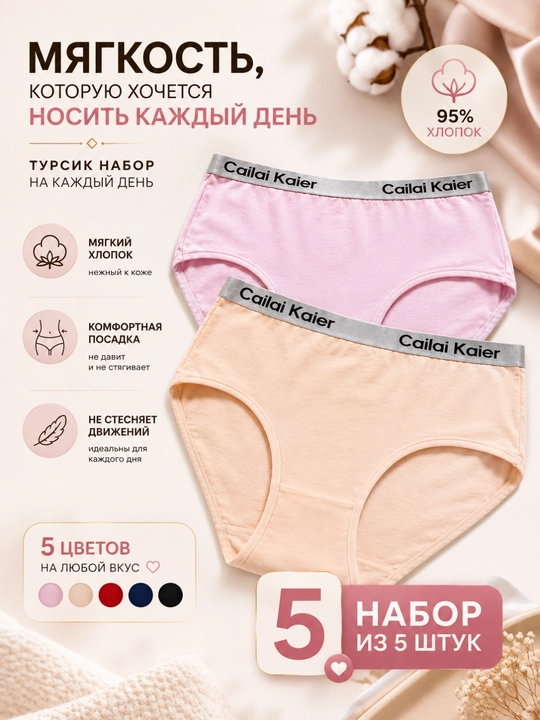 Подростковые трусики Cailai Kaier, набор 5 шт, хлопок 95%, удобные трусы для девочек