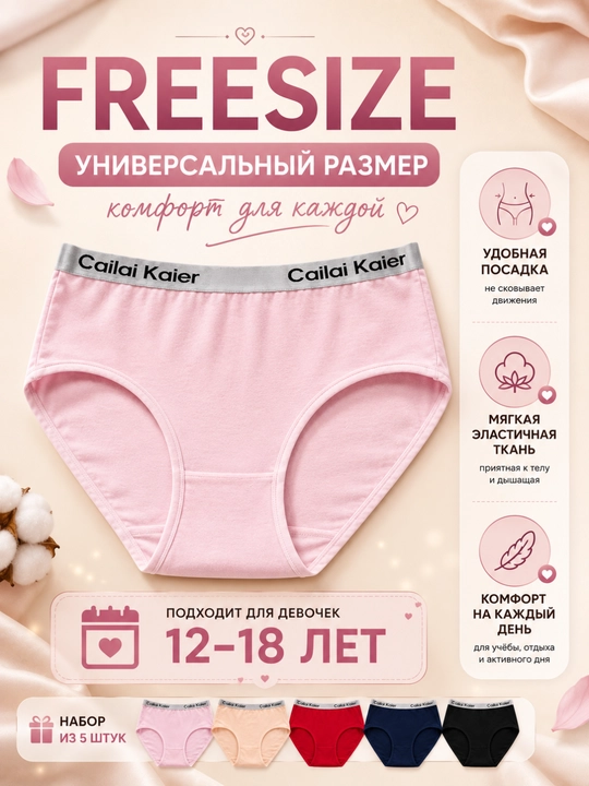 Подростковые трусики Cailai Kaier, набор 5 шт, хлопок 95%, удобные трусы для девочек