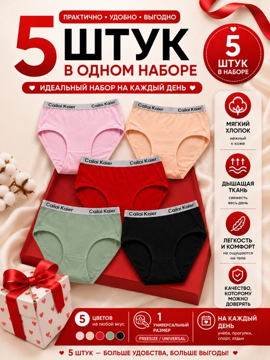 Подростковые трусики Cailai Kaier, набор 5 шт, хлопок 95%, удобные трусы для девочек